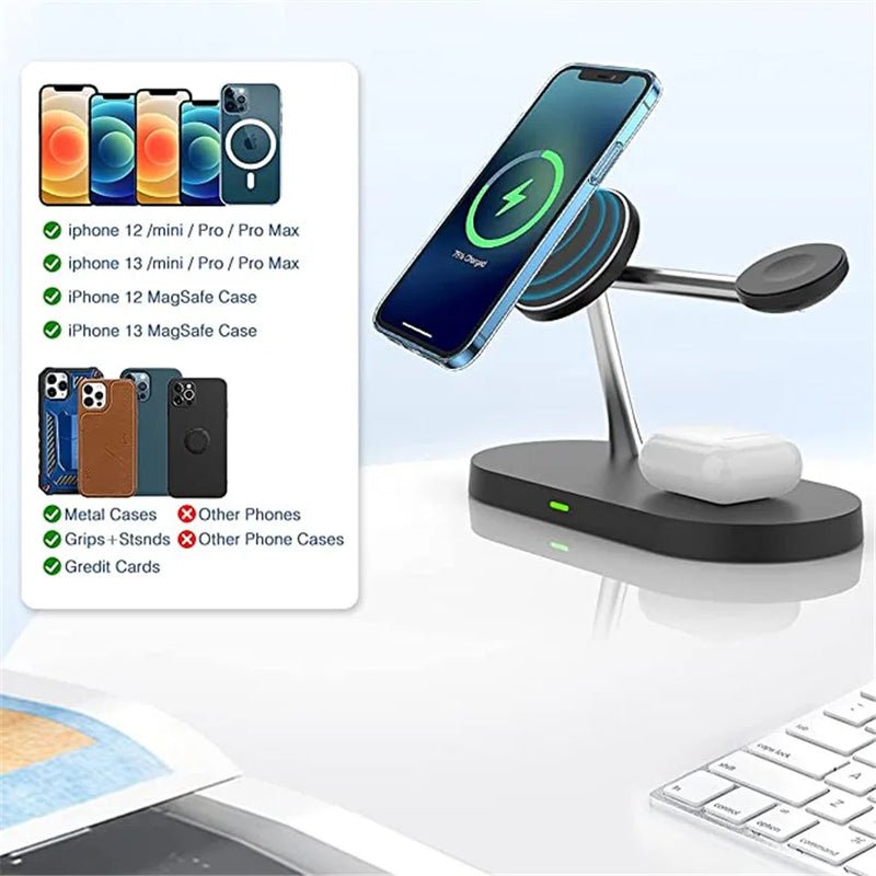 3 in 1 Magnetic Wireless Charger Stand For iPhone 14 13 12 Pro Max Apple Watch 8 7 Airpods Induction USB Fast Charging Station