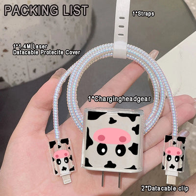 Cute Cartoon Cow Pattern Protection Case for IPhone 15 14 13 Pro Max 18/20W Charger&Charging Protector Data Wire Winder