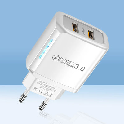 36W Dual USB Charger Quick Charge3.0 LED Lighting EU US Plug Fast Charging Adapter For Iphone13 Samsung Xiaomi CellPhone Charger
