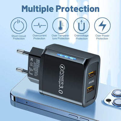 36W Dual USB Charger Quick Charge3.0 LED Lighting EU US Plug Fast Charging Adapter For Iphone13 Samsung Xiaomi CellPhone Charger