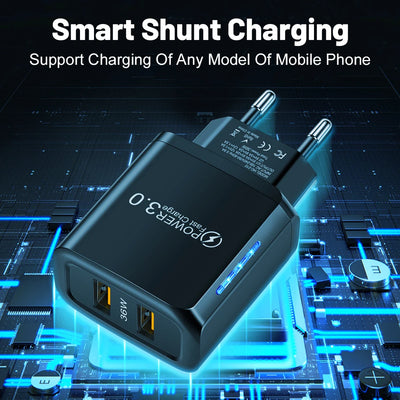 36W Dual USB Charger Quick Charge3.0 LED Lighting EU US Plug Fast Charging Adapter For Iphone13 Samsung Xiaomi CellPhone Charger