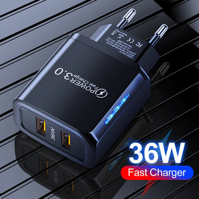 36W Dual USB Charger Quick Charge3.0 LED Lighting EU US Plug Fast Charging Adapter For Iphone13 Samsung Xiaomi CellPhone Charger