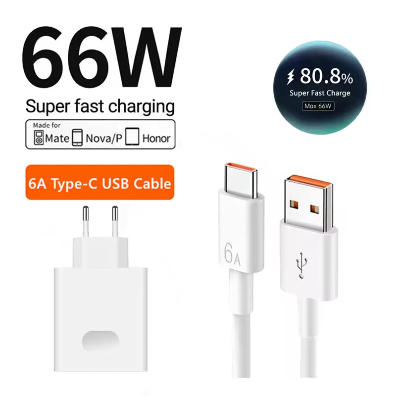 USB Charger 66W Super Fast Charging EU/US Wall Charger 6A USB Type C Quick Charge Cable for Huawei Mate 40 50 60 P50 P60 Nova 10
