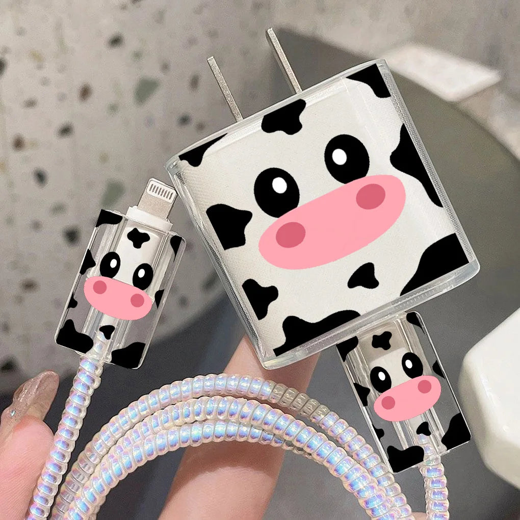 Cute Cartoon Cow Pattern Protection Case for IPhone 15 14 13 Pro Max 18/20W Charger&Charging Protector Data Wire Winder