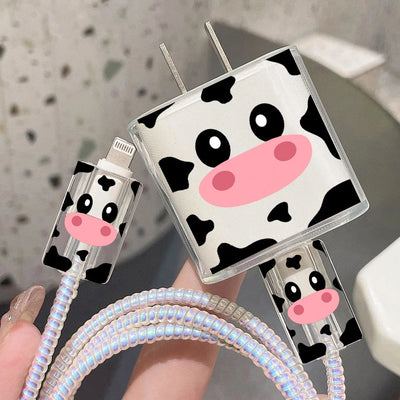 Cute Cartoon Cow Pattern Protection Case for IPhone 15 14 13 Pro Max 18/20W Charger&Charging Protector Data Wire Winder