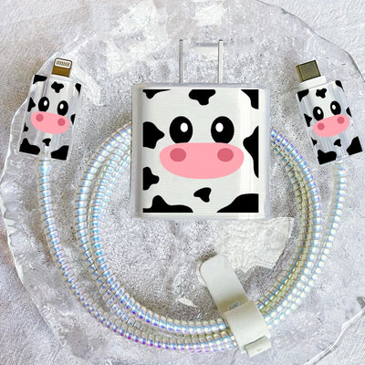 Cute Cartoon Cow Pattern Protection Case for IPhone 15 14 13 Pro Max 18/20W Charger&Charging Protector Data Wire Winder