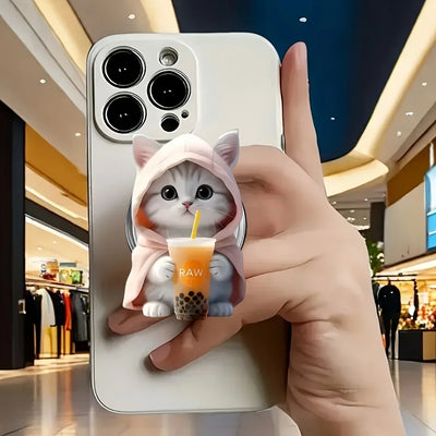 1pc Cute Bubble Tea Cat Phone Stand for iPhone 16 15 14 Acrylic Portable Mobile Holder Expanding Folding Grip Holder Ring Finger